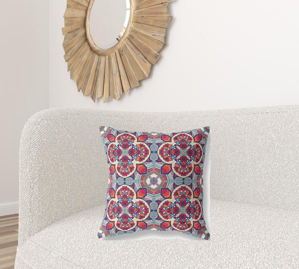 Homeroots 20"X20" Blue And Red Microsuede Quatrefoil Zippered Pillow   417996