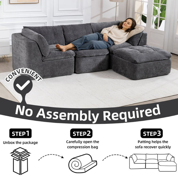 English Elm Modern Chenille Cloud Sectional with Ottoman Deep Sink Modular L Shaped Living Room Sofa Dark Grey W2379S00004