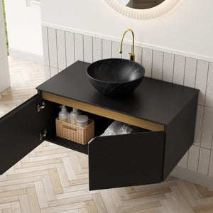 English Elm Dina Floating Bathroom Vanity Sintered Stone Top Glass Basin Striped Plywood Cabinet W2615S00524