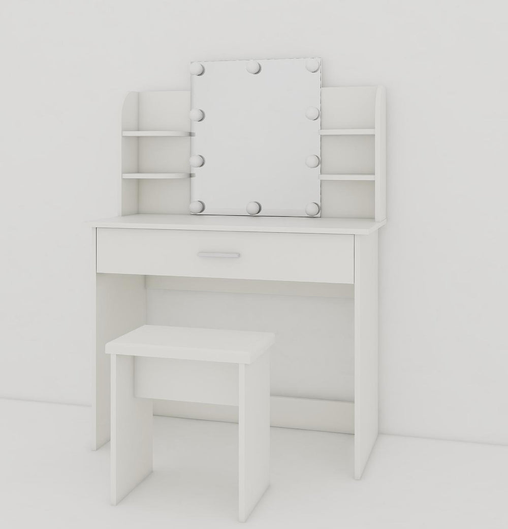 English Elm One drawer dresser table Ancient White Vanity with Stool, Adjustable Mirror, Compact Elegant Makeup Station W2139P306364