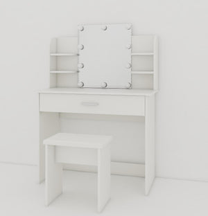 English Elm One drawer dresser table Ancient White Vanity with Stool, Adjustable Mirror, Compact Elegant Makeup Station W2139P306364