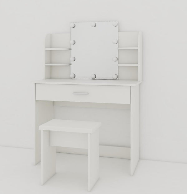 English Elm One drawer dresser table Ancient White Vanity with Stool, Adjustable Mirror, Compact Elegant Makeup Station W2139P306364