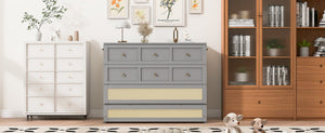 English Elm Full Size Murphy Wall Bed Cabinet with Rattan Panel Detailing and Storage Drawers Gray N708P336203E