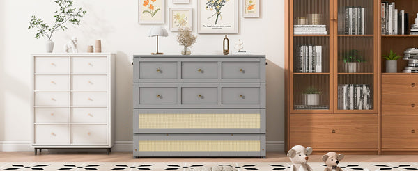 English Elm Full Size Murphy Wall Bed Cabinet with Rattan Panel Detailing and Storage Drawers Gray N708P336203E
