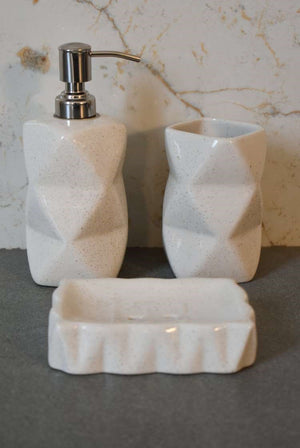 English Elm Sindri Glossy Porcelain Bathroom Set of 3 – Handcrafted White Marble-Style Soap Dispenser, Dish, Holder B182P336638
