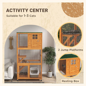 English Elm Pawhut Wooden Catio Outdoor Cat Enclosure with Wheels Weatherproof Asphalt Roof W2225P173770