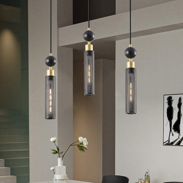 English Elm 25" Modern Black & Gold 3-Light Pendant Chandelier - Adjustable Cylindrical Mesh Shades, E26, Dining/Kitchen Lighting W1340P233174