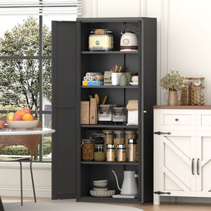 English Elm 2 Door Steel Pantry Cabinet Powder Coated Finish Gold Hardware Adjustable Shelves Tall Storage Black T3625P366653