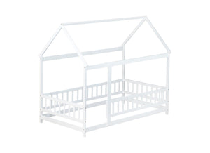 English Elm Twin Size House Floor Bed With Roof Frame & Safety Guardrails - Cozy Wooden Design For Kids' Rooms W504P286403-GIGA