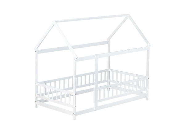 English Elm Twin Size House Floor Bed With Roof Frame & Safety Guardrails - Cozy Wooden Design For Kids' Rooms W504P286403-GIGA