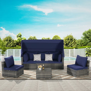 English Elm 5 Piece Outdoor Pe Rattan Daybed Set with Retractable Canopy and Tempered Glass Table Dark Blue W874S00033