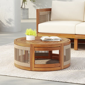 English Elm 27.95" Acacia Hardwood Outdoor Coffee Table with Handwoven Rope Base Boho Patio Accent N767P367657A