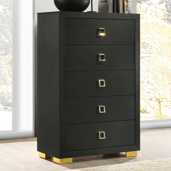 English Elm Modern Sleek 5-Drawer Chest with Gold Square Pulls and Metal Bracket Legs for Luxe Bedroom Storage Black 19 L x 34 W x 52 H B2741P370836