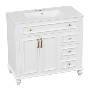 English Elm 36" Modern Bathroom Vanity with Ceramic Sink, Gold Handles, Flip-Out Drawer & Soft-Close Doors White N725P283623K
