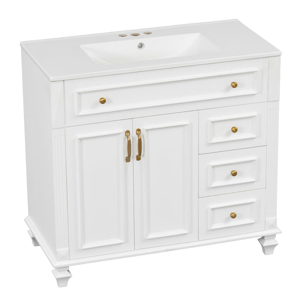 English Elm 36" Modern Bathroom Vanity with Ceramic Sink, Gold Handles, Flip-Out Drawer & Soft-Close Doors White N725P283623K