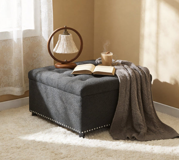 English Elm Storage Ottoman Tufted Nailhead Trim Lift Top Footstool for Living Room or Bedroom Dark Grey W5568P446991