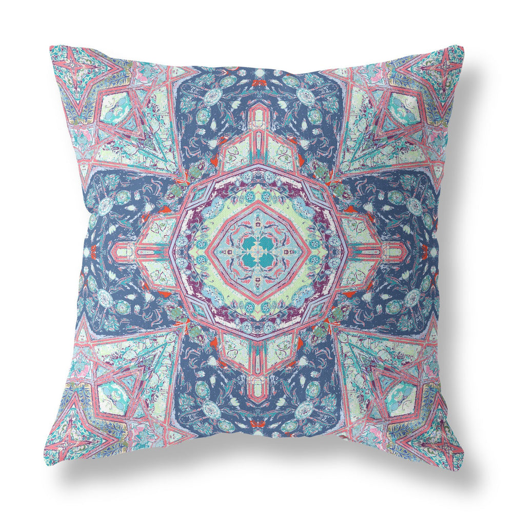 Homeroots 28" X 28" Blue And Pink Blown Seam Geometric Indoor Outdoor Throw Pillow Cover & Insert   418006