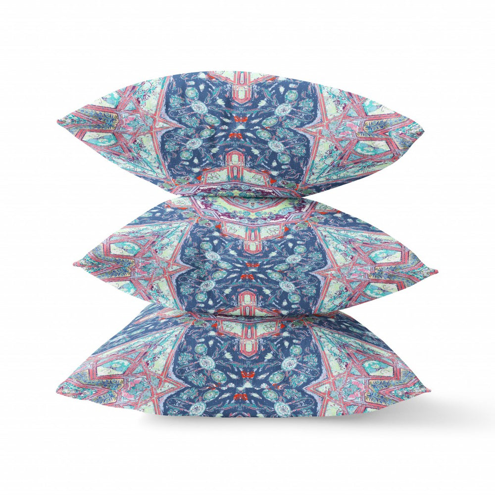 Homeroots 28" X 28" Blue And Pink Blown Seam Geometric Indoor Outdoor Throw Pillow Cover & Insert   418006