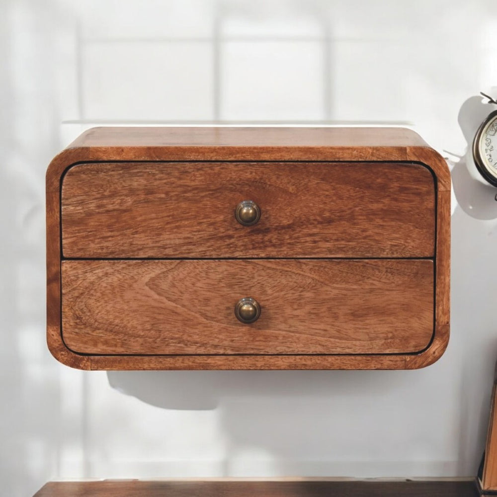 English Elm Solid Wood Honey Caramel Floating Bedside Table With 2 Drawers – Modern Storage Solution For Small Spaces B182P279228-GIGA