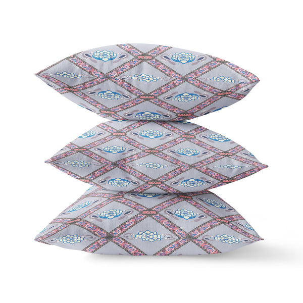 Homeroots 26" X 26" Gray And Pink Blown Seam Geometric Indoor Outdoor Throw Pillow   418060