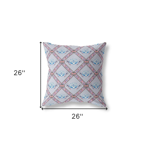 Homeroots 26" X 26" Gray And Pink Blown Seam Geometric Indoor Outdoor Throw Pillow   418060