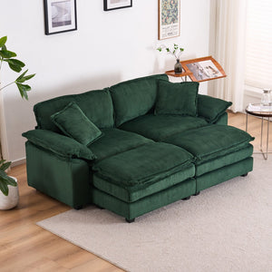 English Elm Corduroy Plush 2-Seat Sofa with 2 Back Cushions, Toss Pillows & Ottomans — Deep Seat Comfort Green W2363S00065