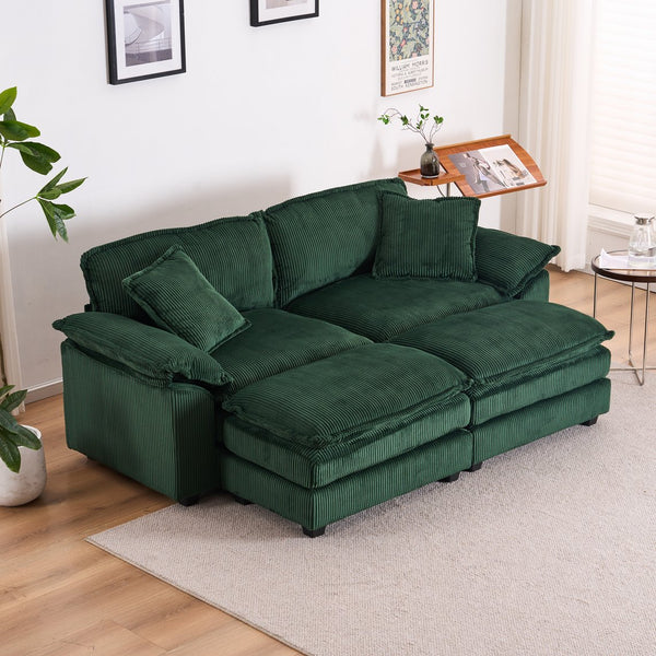 English Elm Corduroy Plush 2-Seat Sofa with 2 Back Cushions, Toss Pillows & Ottomans — Deep Seat Comfort Green W2363S00065