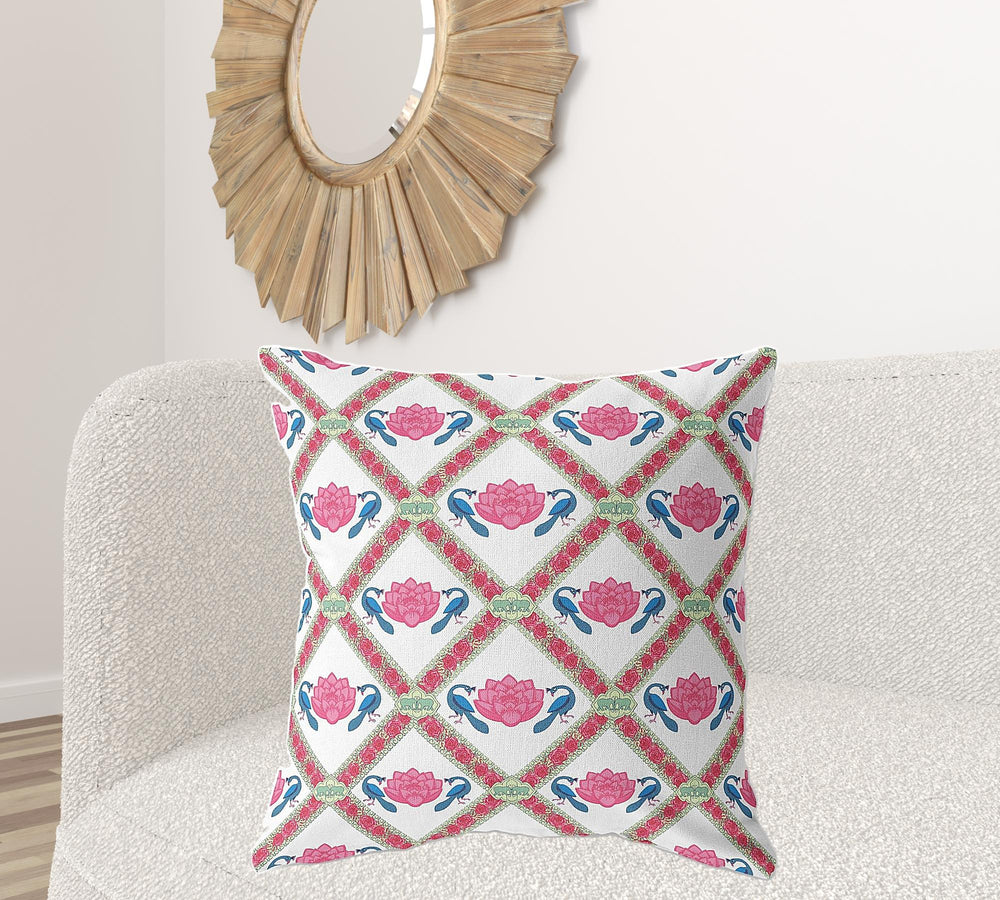 Homeroots 28" X 28" Pink And White Blown Seam Geometric Indoor Outdoor Throw Pillow   418081