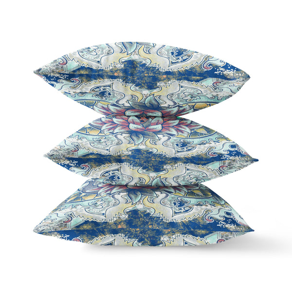 Homeroots 28" X 28" Blue And Yellow Blown Seam Geometric Indoor Outdoor Throw Pillow   418096