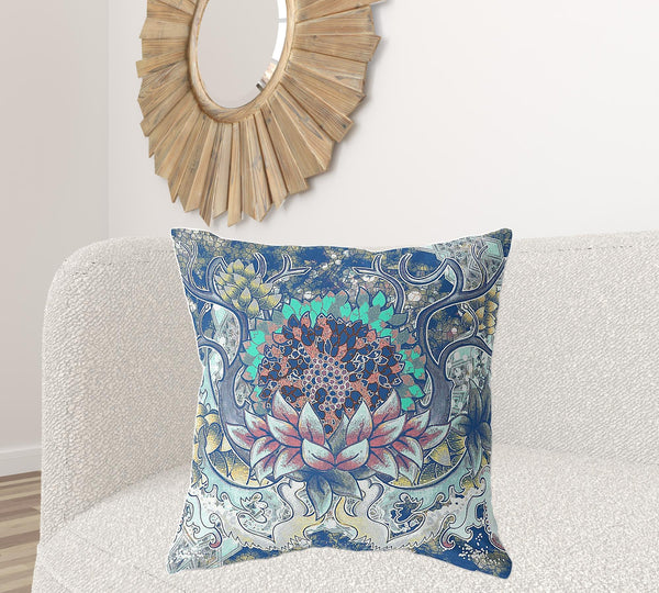 Homeroots 28" X 28" Blue And Yellow Blown Seam Geometric Indoor Outdoor Throw Pillow   418096