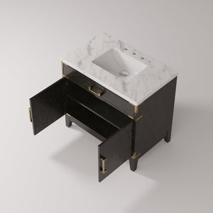 English Elm Black Oak Single Vanity 36" W With Premium Carrara Marble Top, Soft-Close Doors & Stylish Storage B2731P260909