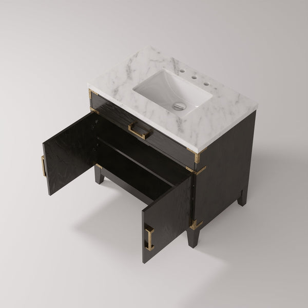 English Elm Black Oak Single Vanity 36" W With Premium Carrara Marble Top, Soft-Close Doors & Stylish Storage B2731P260909