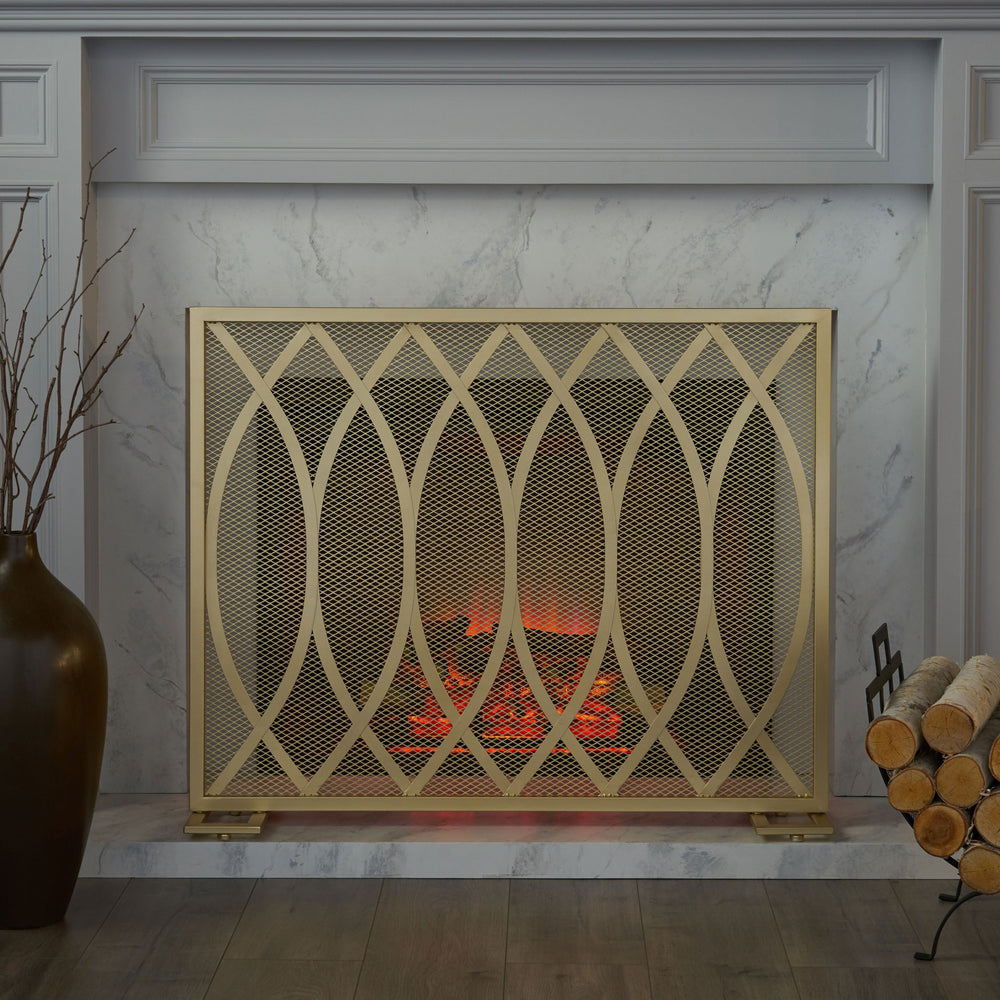 English Elm Christopher Knight Home® - FIRE Screen Junior Modern Single Panel Iron Fireplace Screen Gold Finish — Protective Mesh, Chic Accent and Easy Assembly (39.75" W) 65181.00GLD