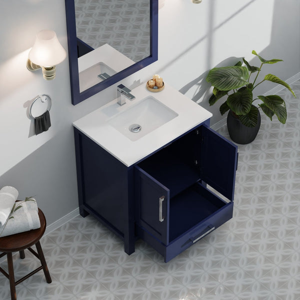 English Elm Navy 30" Bath Vanity with White Quartz Top, Soft-Close Drawer, Chrome Faucet & Spacious Storage B2731P259012