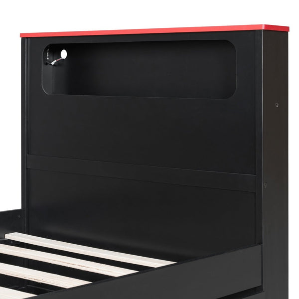 English Elm Twin Wood Gaming Daybed with Trundle Built-in Desk Rgb Lighting and Usb Port Black+Red LT000283AAR