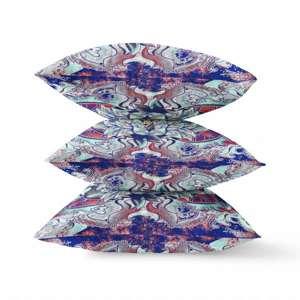 Homeroots 26" X 26" Electric Blue And Aqua Blown Seam Geometric Indoor Outdoor Throw Pillow   418115