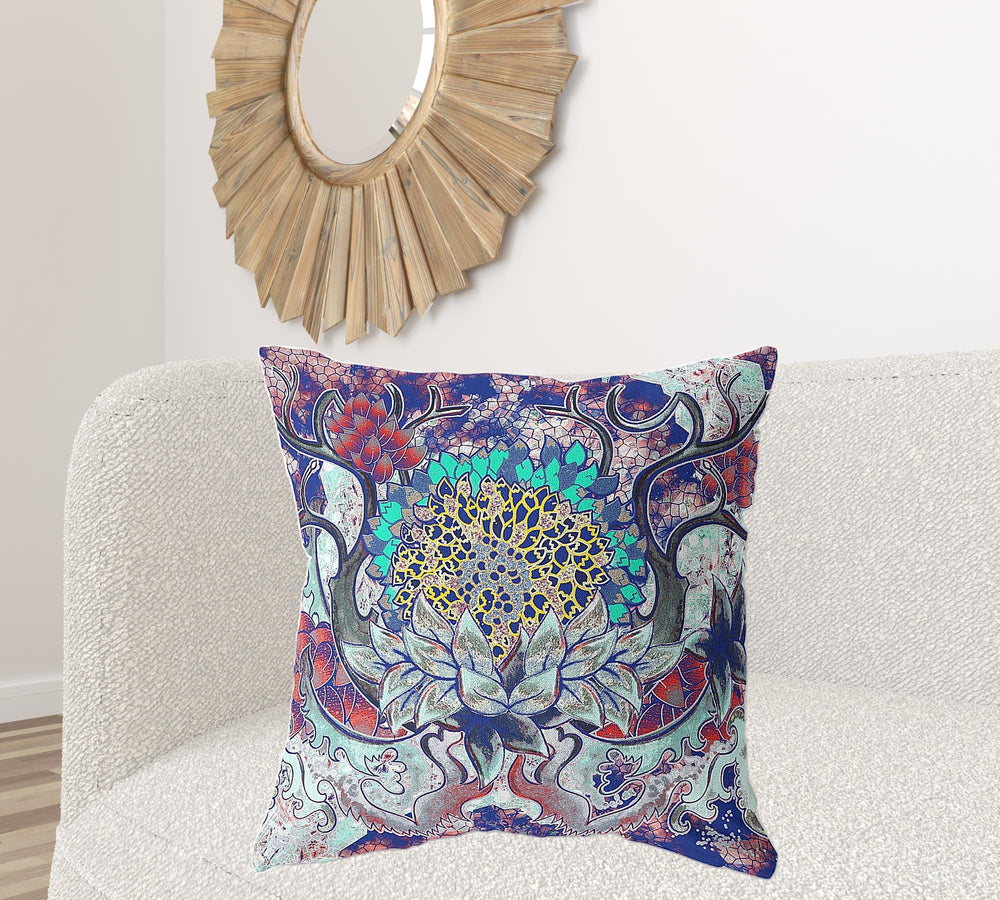 Homeroots 28" X 28" Electric Blue And Aqua Blown Seam Geometric Indoor Outdoor Throw Pillow   418116