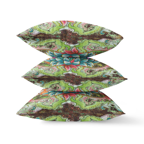 Homeroots 26" X 26" Green And Blue Blown Seam Geometric Indoor Outdoor Throw Pillow   418120