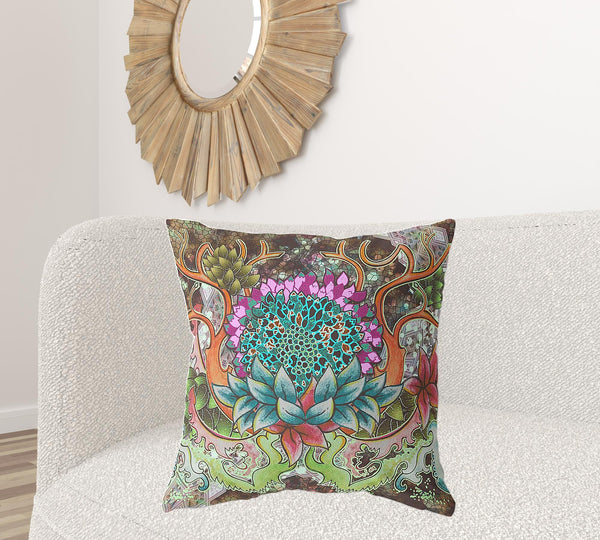 Homeroots 26" X 26" Green And Blue Blown Seam Geometric Indoor Outdoor Throw Pillow   418120