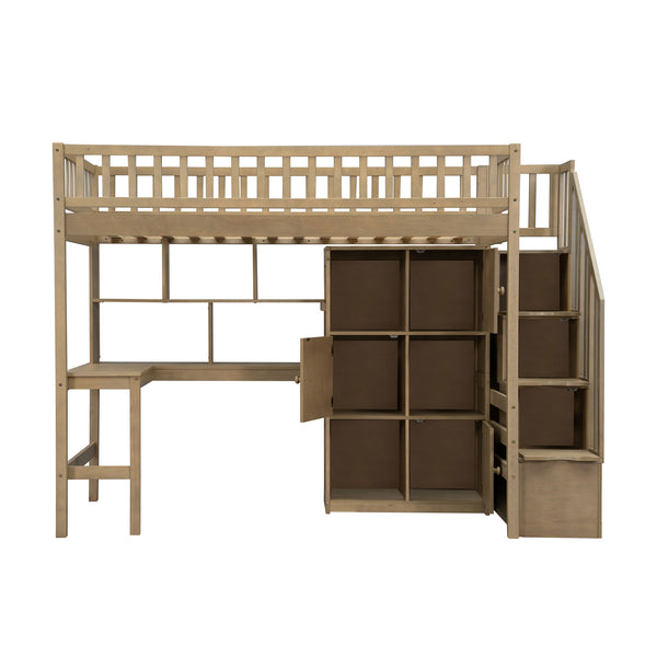 English Elm Wood Twin Loft Bed with Built-In L-Desk, LED Lighting, Staircase Storage, Shelves & Cabinets Walnut N7090000470D
