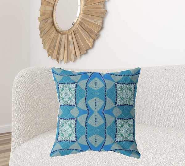Homeroots 26" X 26" Aqua Blue Blown Seam Geometric Indoor Outdoor Throw Pillow   418135