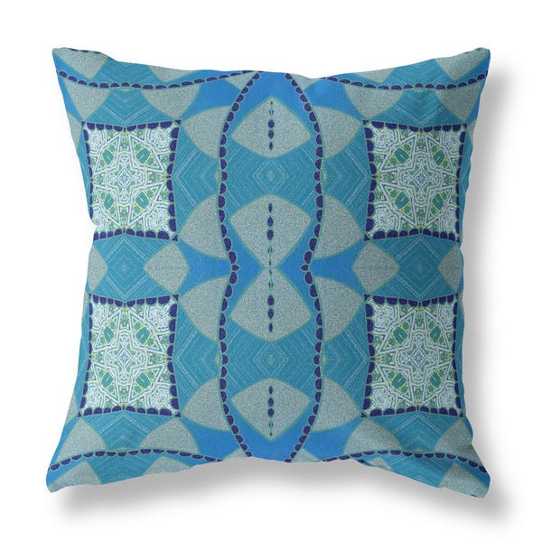 Homeroots 28" X 28" Aqua Blue Blown Seam Geometric Indoor Outdoor Throw Pillow   418136