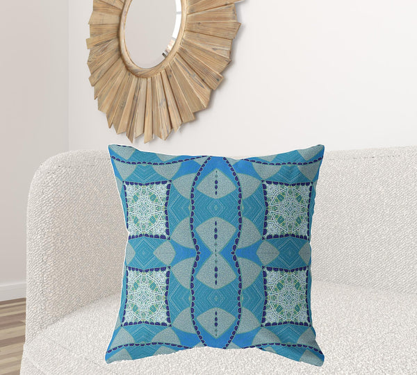 Homeroots 28" X 28" Aqua Blue Blown Seam Geometric Indoor Outdoor Throw Pillow   418136