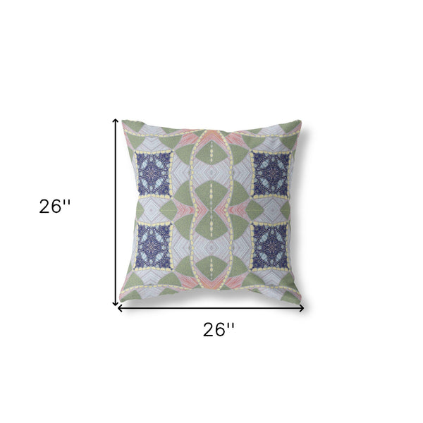 Homeroots 26" X 26" Green And Indigo Blown Seam Geometric Indoor Outdoor Throw Pillow   418155