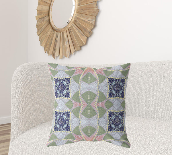 Homeroots 26" X 26" Green And Indigo Blown Seam Geometric Indoor Outdoor Throw Pillow   418155