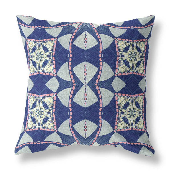 Homeroots 26" X 26" Indigo And Pink Blown Seam Geometric Indoor Outdoor Throw Pillow   418160