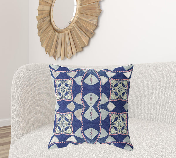 Homeroots 26" X 26" Indigo And Pink Blown Seam Geometric Indoor Outdoor Throw Pillow   418160