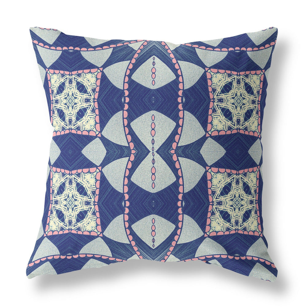 Homeroots 28" X 28" Indigo And Pink Blown Seam Geometric Indoor Outdoor Throw Pillow   418161