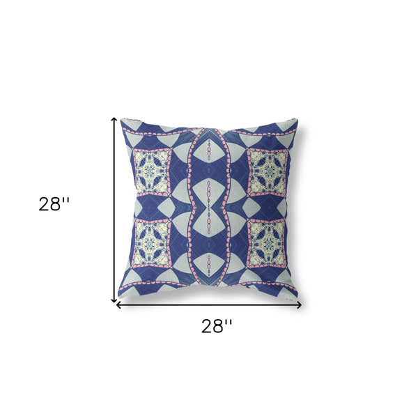 Homeroots 28" X 28" Indigo And Pink Blown Seam Geometric Indoor Outdoor Throw Pillow   418161
