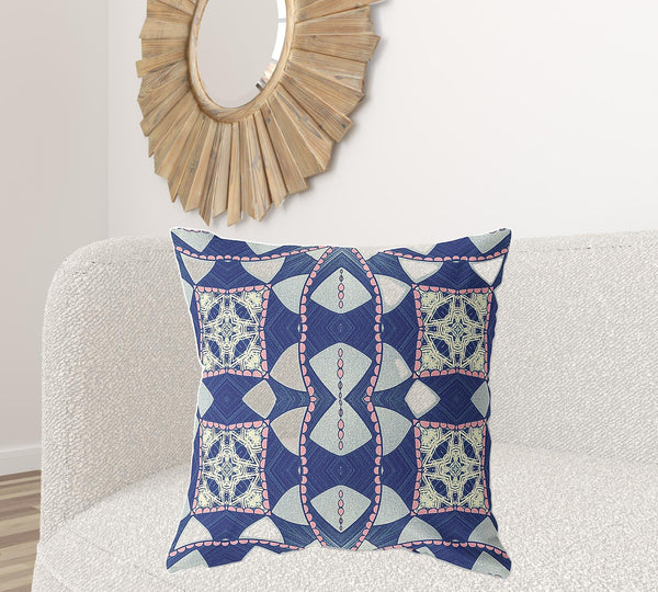 Homeroots 28" X 28" Indigo And Pink Blown Seam Geometric Indoor Outdoor Throw Pillow   418161